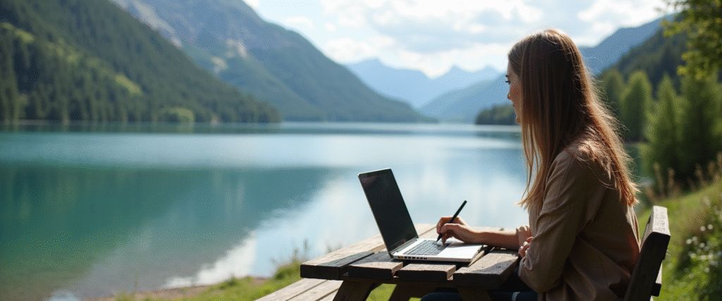 A blogger blogging Trailer Trekking About us. A blogger writing a blog next to a lake