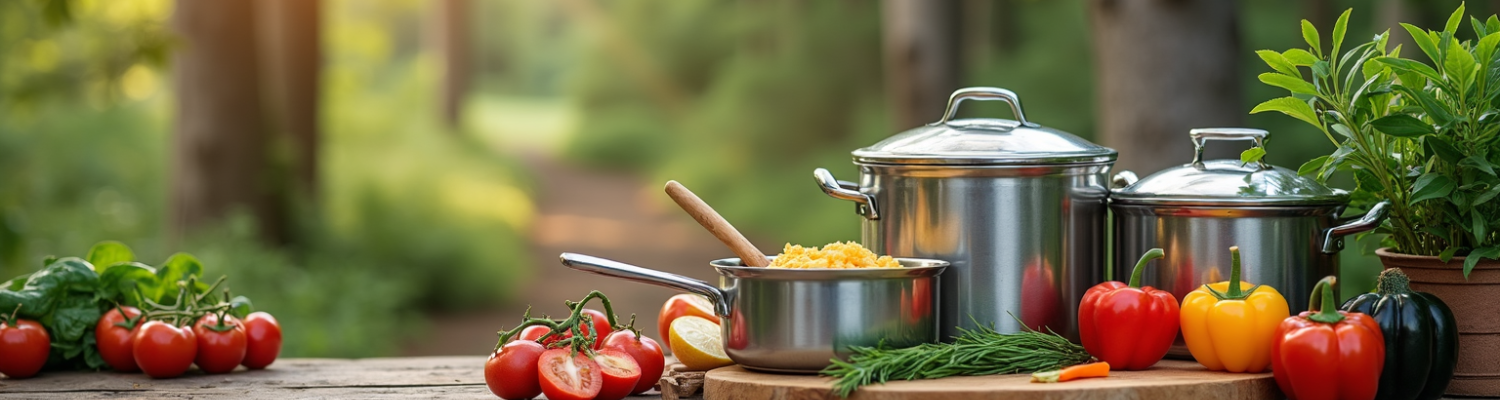 A set of cookware and utensils in a camping setting.